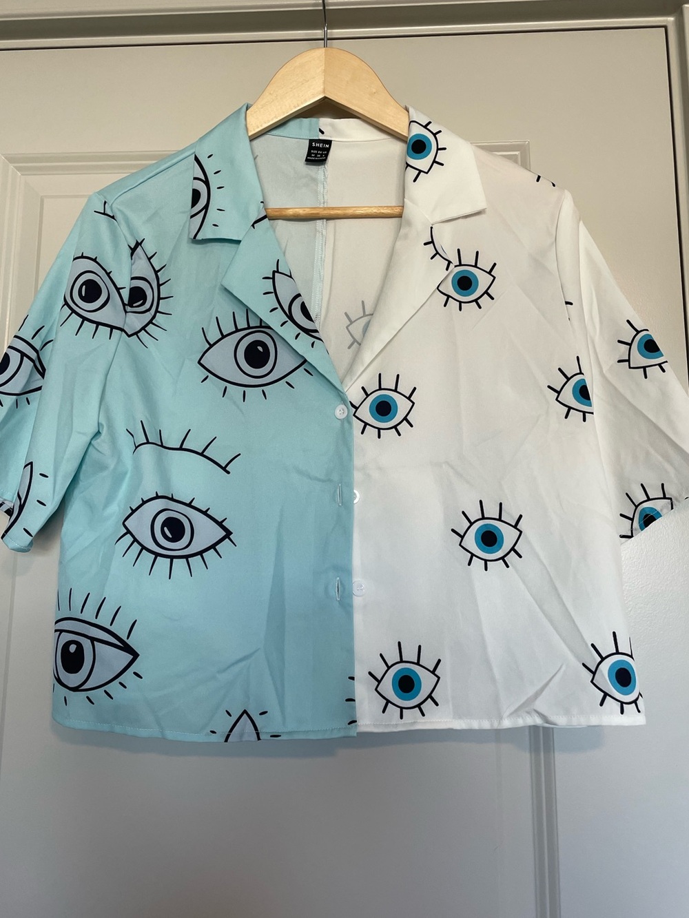 SHEIN Light Blue Eye Print Blouse